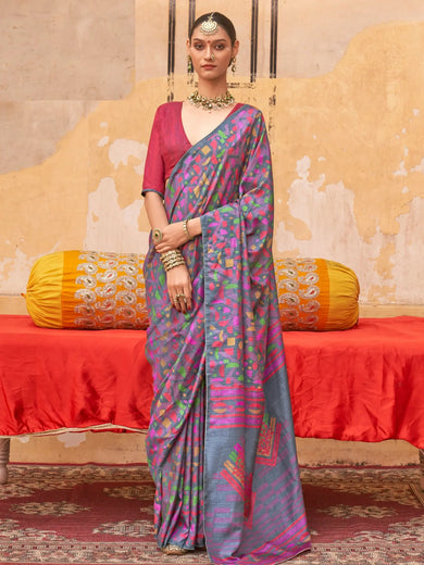 Awesome Grey Digital Printed Silk Everyday Wear Saree With Blouse
